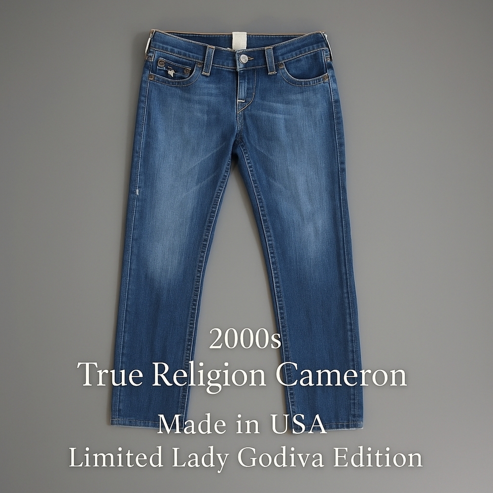 True Religion Cameron Jeans Made in USA Y2K Rare Lady Godiva Embroidered Patch